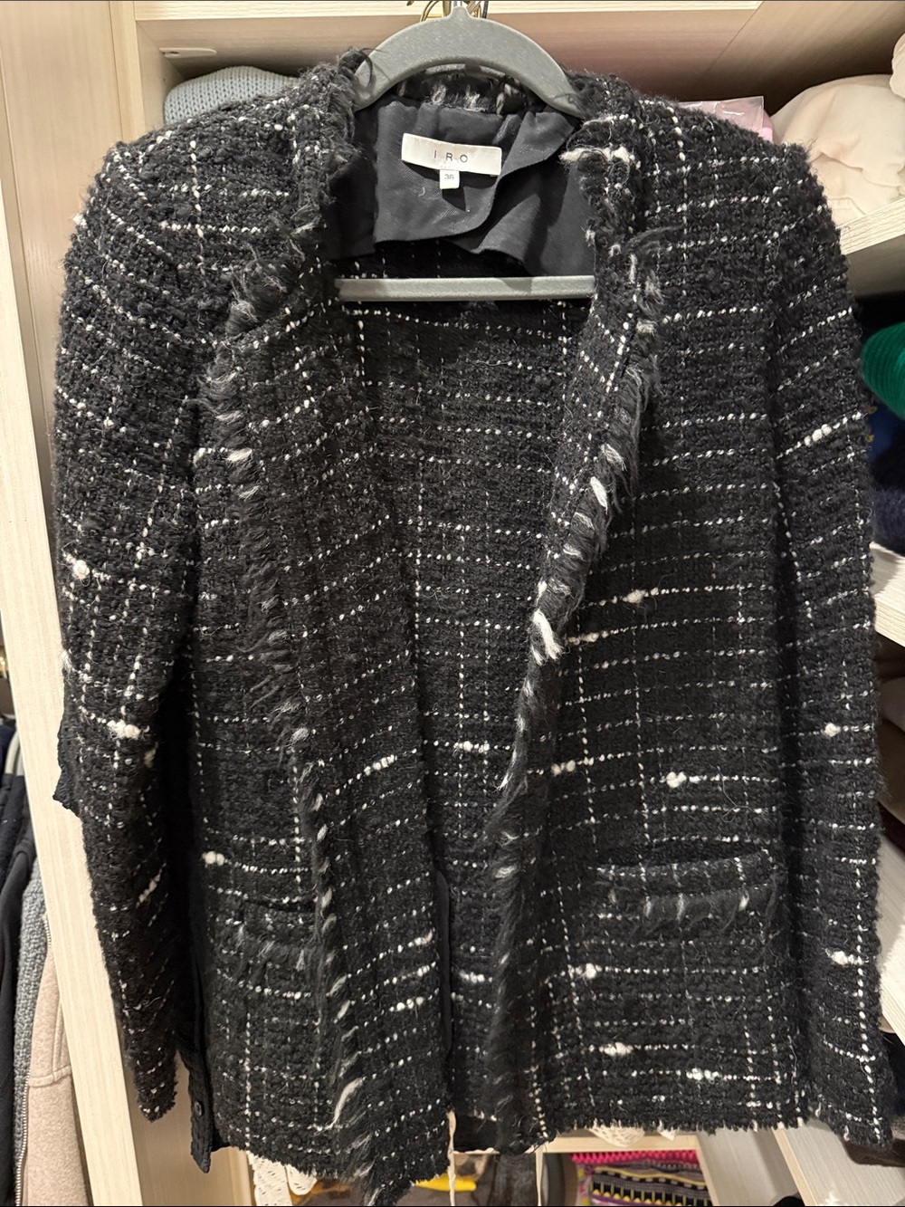 IRO Black Tweed Fringe Open Blazer with White Accents